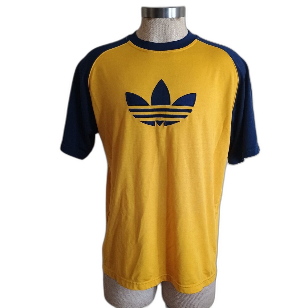 90s Vintage Adidas Trefoil Logo T-Shirt Men’s L Yellow Blue Rave Wear